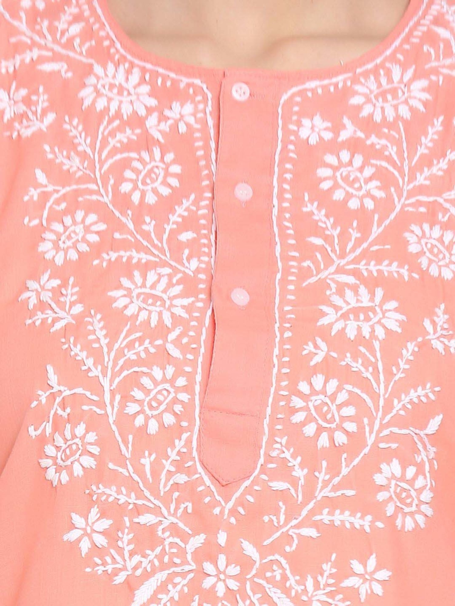 PARAMOUNT CHIKAN Peach Cotton Chikankari Straight Kurti