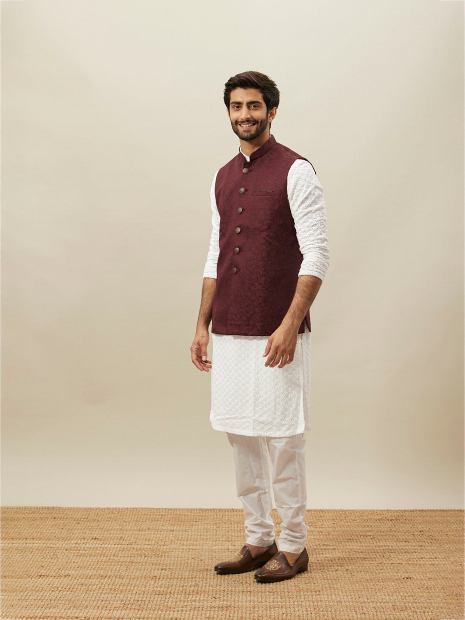 Manyavar Wine Regular Fit Printed Nehru Jacket