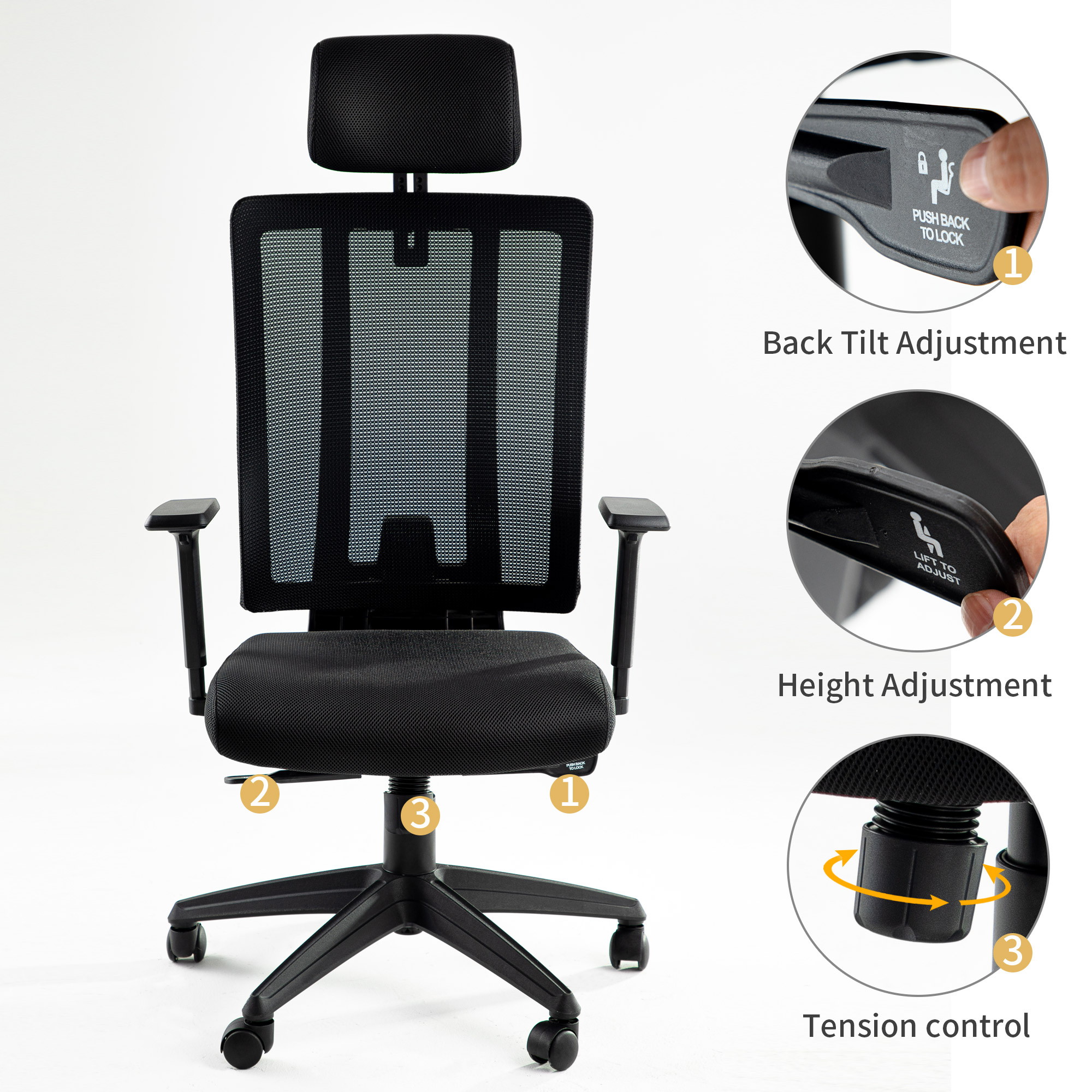 Office Ergonomic Chair High-Back Task Chair Lumbar Mesh Support Computer Chair Desk Chair Multifunction Executive Swivel with Head & Arm Rests Black
