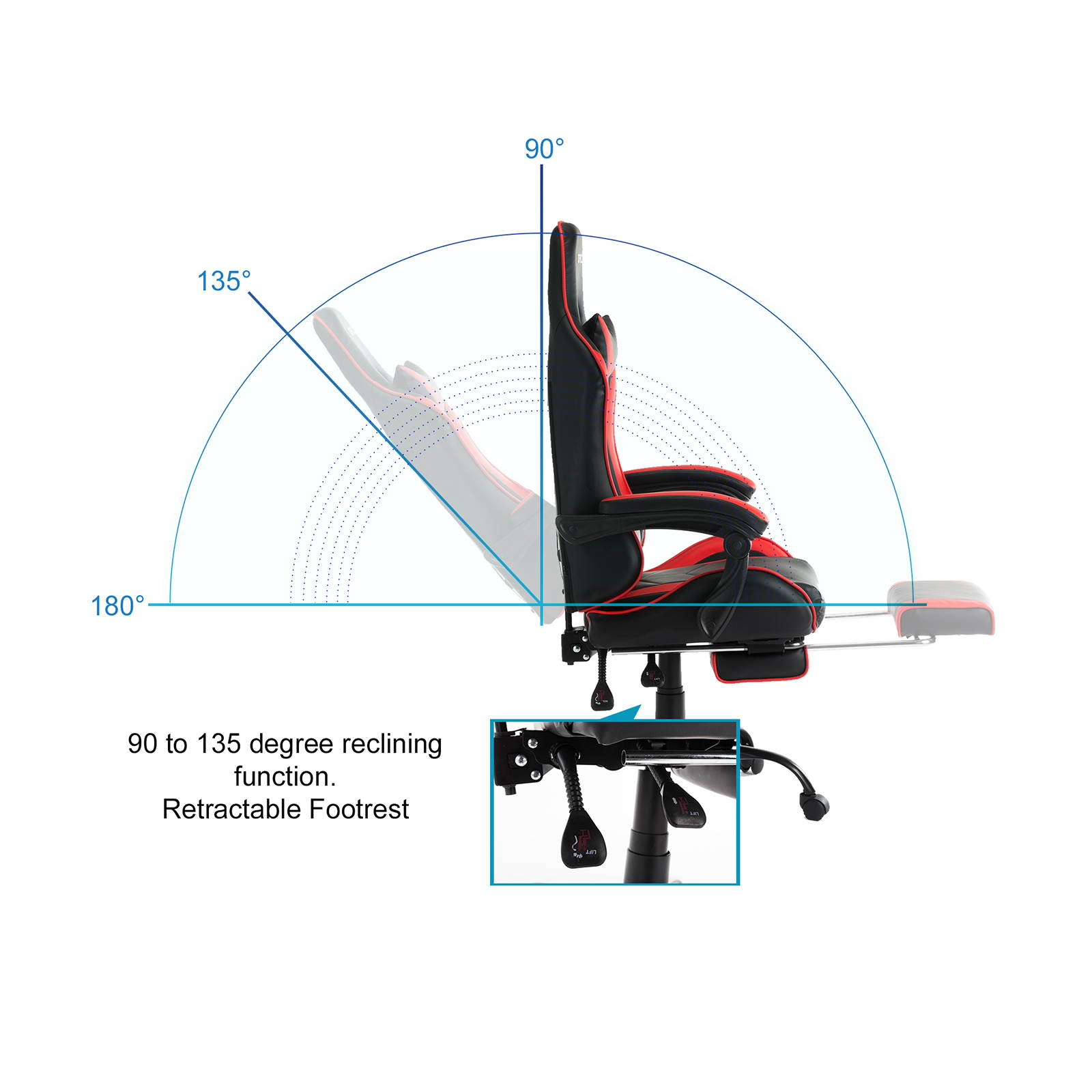 Goaic Gaming Chair PC Racing Game Chair Ergonomic 135&deg; Adjustable Reclining Office Chair with Footrest, High Back Office Desk Computer Chair with Headrest and Lumbar Pillow Support (White/Red)