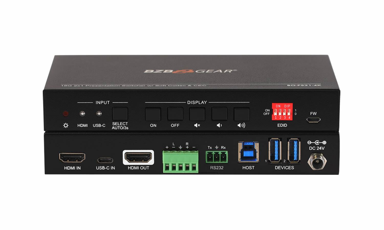 BZBGEAR 4K/UHD 2x1 18Gbps 4x4x4 Presentation/2-Port KVM Switcher with HDMI and USB-C Inputs