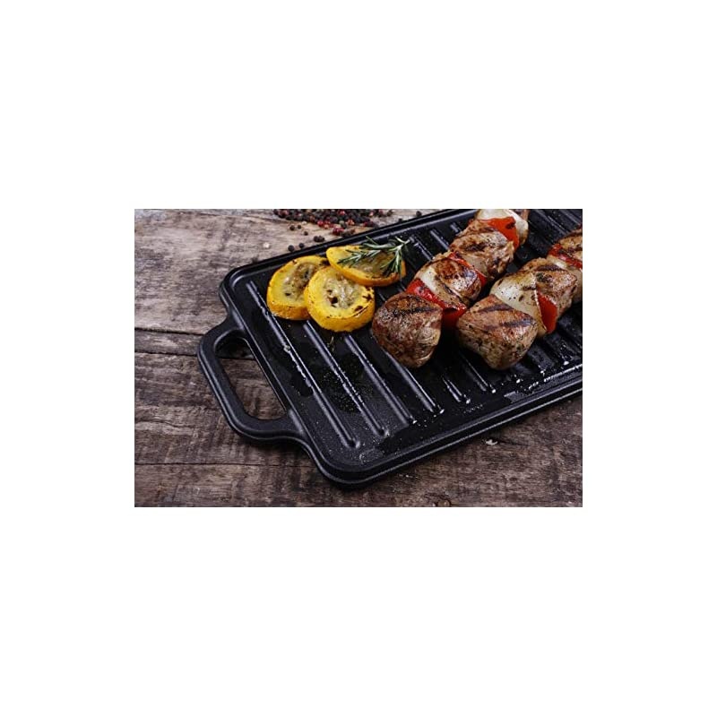 Rectangular Cast Iron Double Burner, Reversible Griddle Grill Seasoned with 100% Kosher Certified Non-GMO Flaxseed Oil, 13 x 8,3 Inch, Black