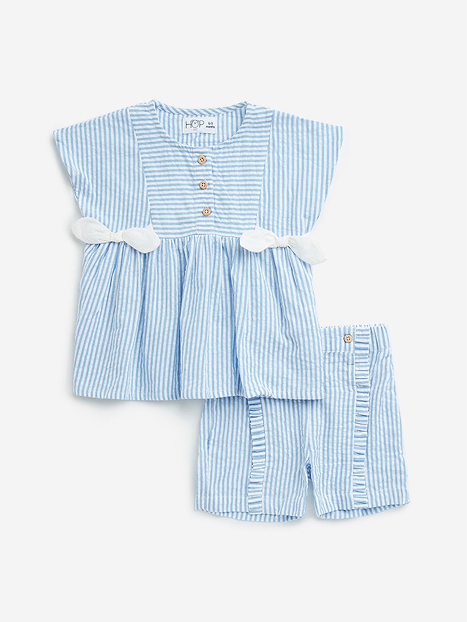 HOP Baby by Westside Blue Striped Cotton Top with Mid-Rise Shorts Set