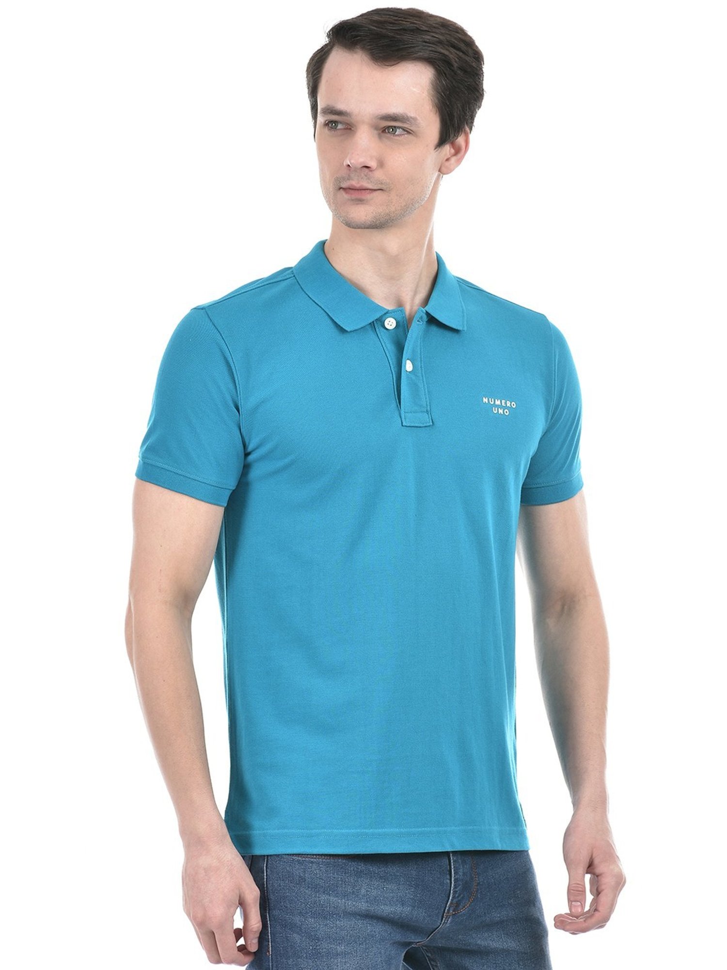 Numero Uno Teal Cotton Slim Fit Polo T-Shirt