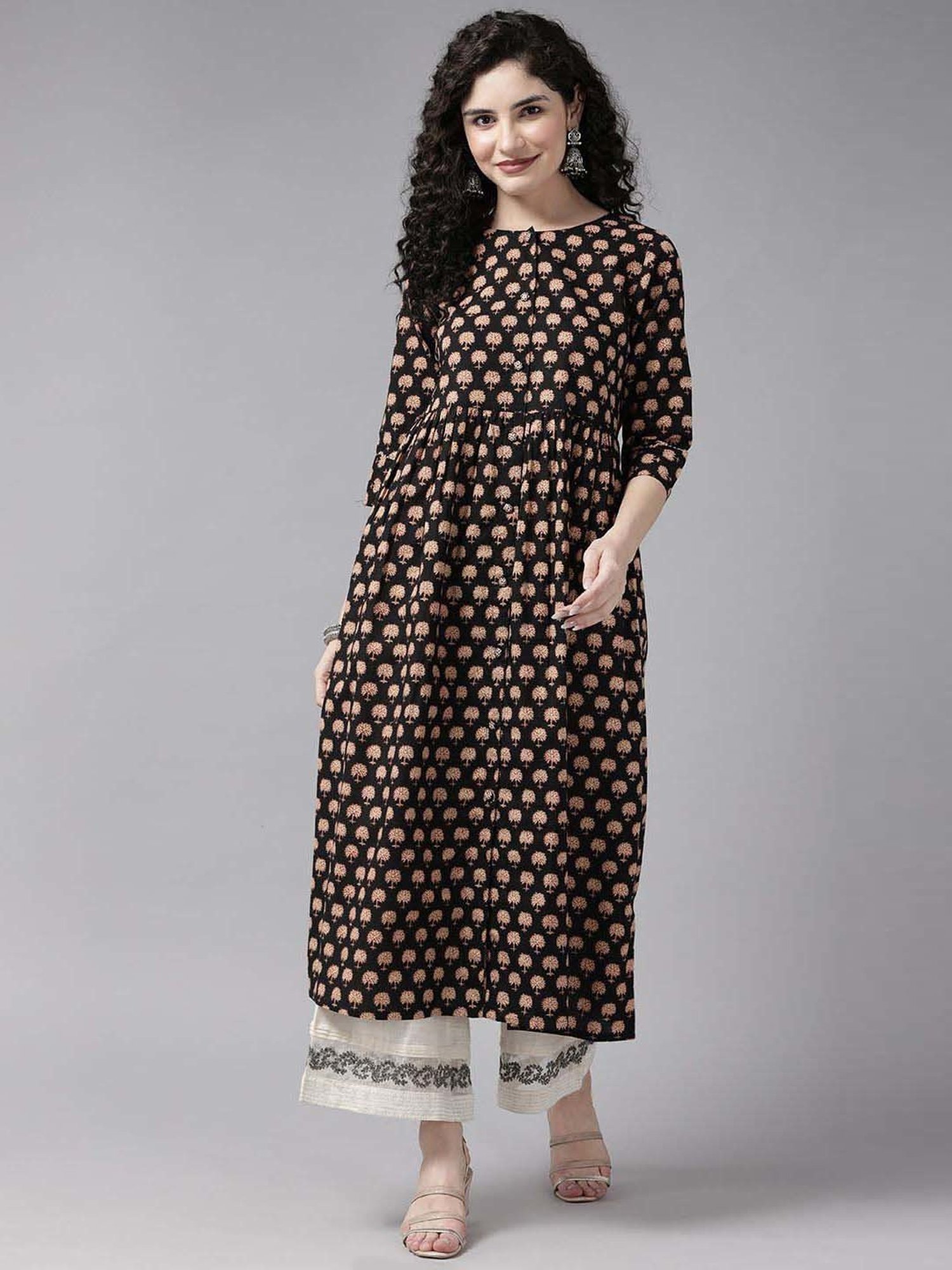 Cayman Black Cotton Floral Print A Line Kurta