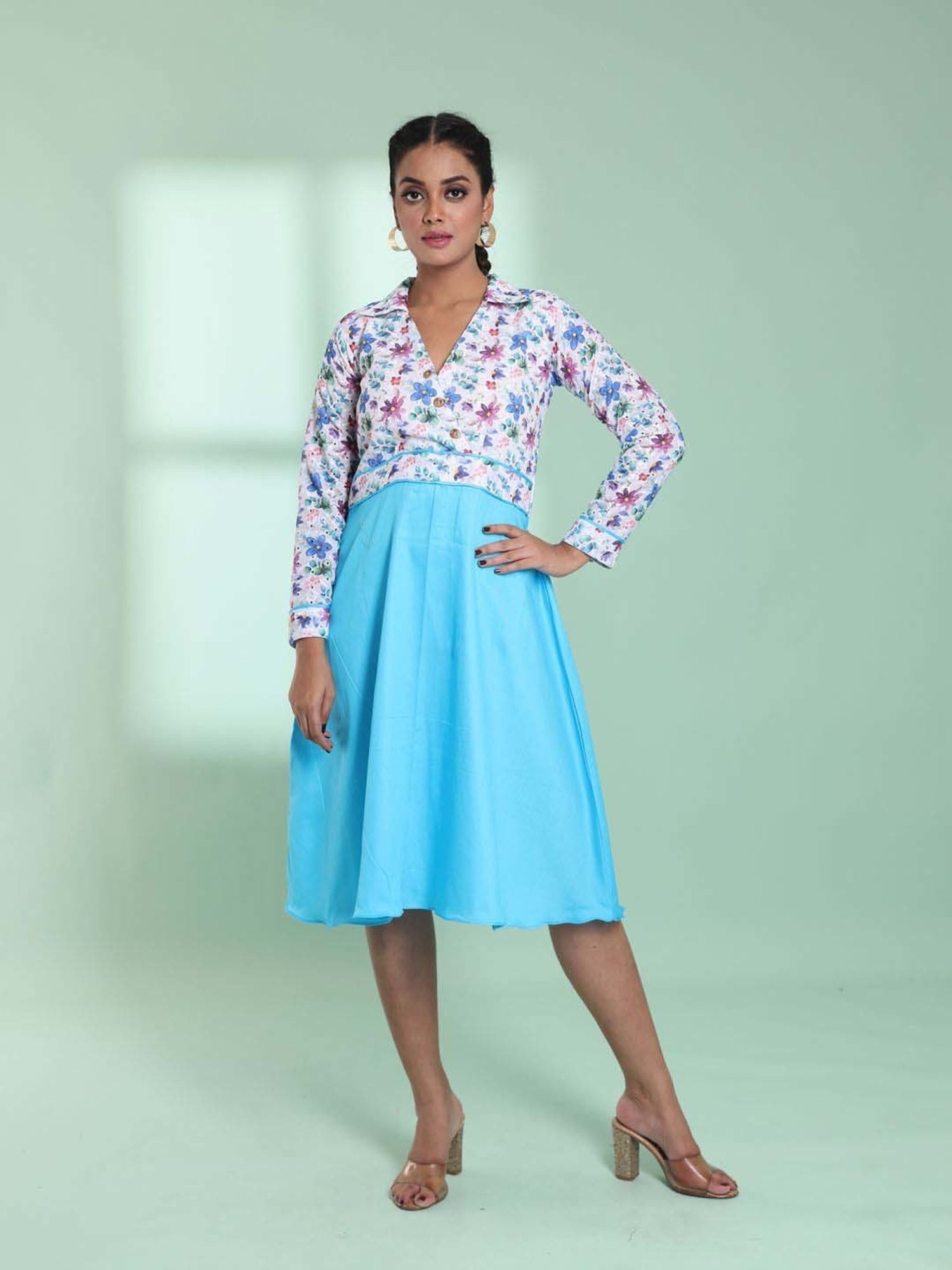CHARUKRITI Sky Blue & White Cotton Printed A-Line Dress
