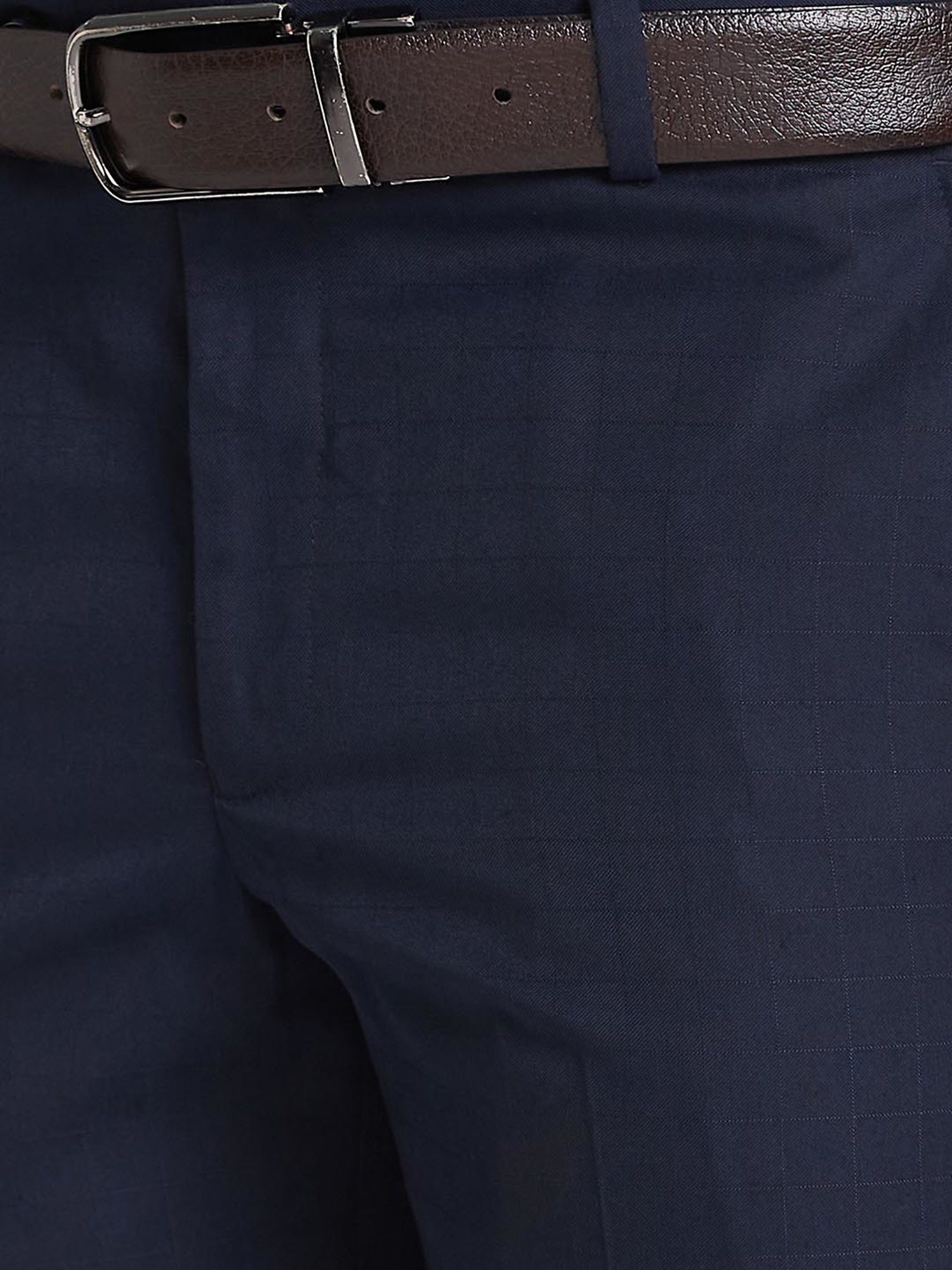 Park Avenue Navy Regular Fit Check Flat Front Trousers