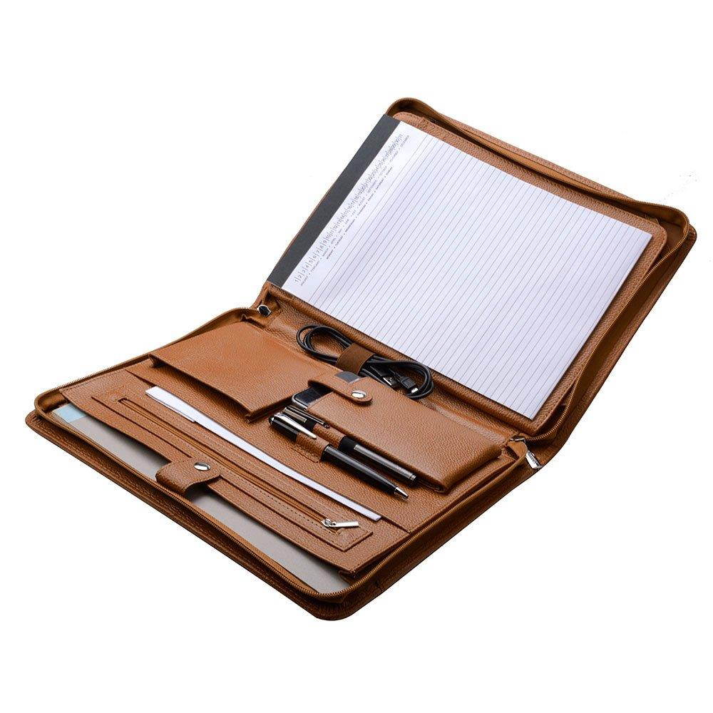 Genuine Leather Portfolio Organizer Padfolio for iPad Pro 9.7 inch, A4 Portfolio for Notepad, Brown