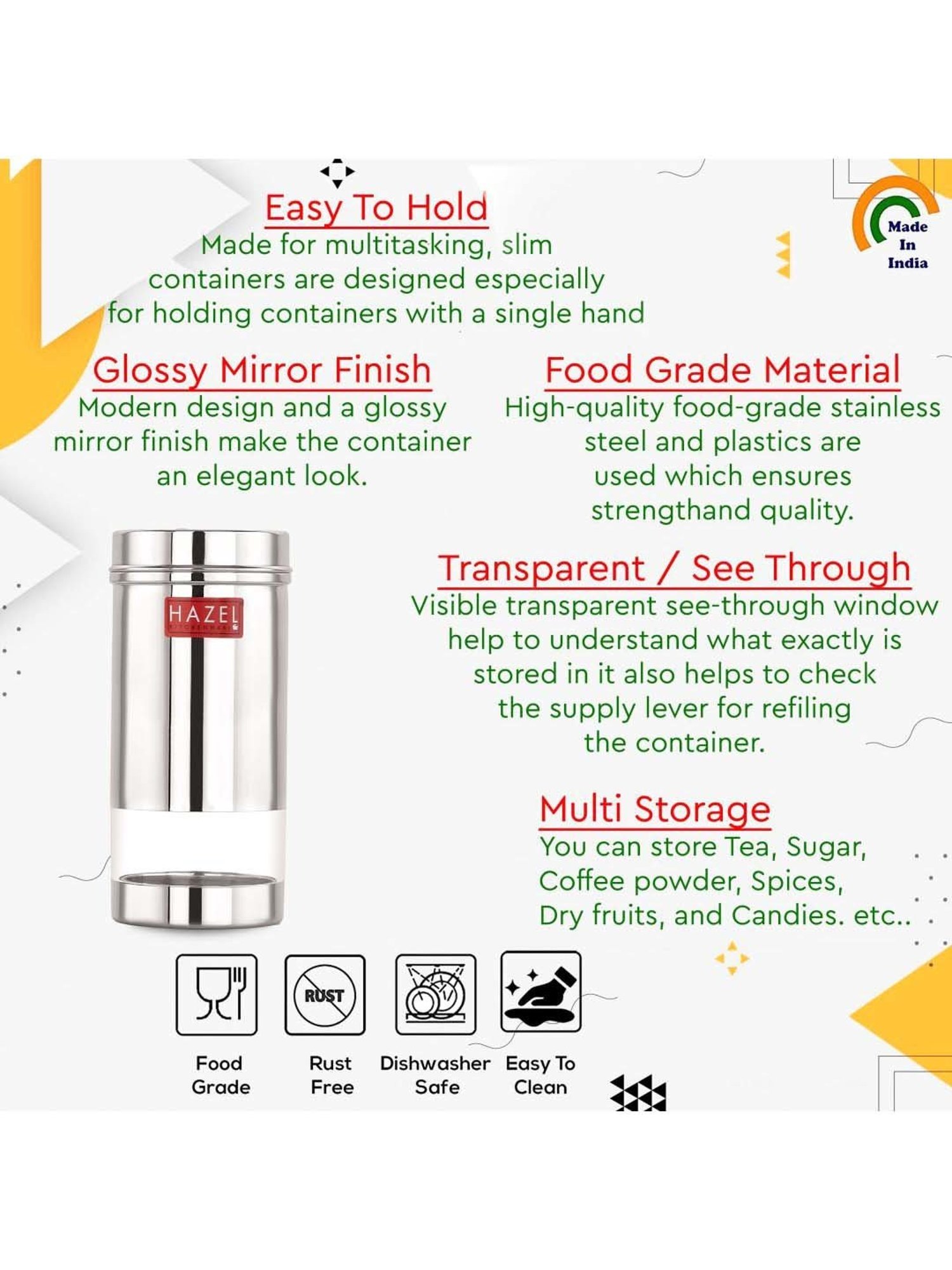 HAZEL Silver Stainless Steel Medium Container (0.5 L)2