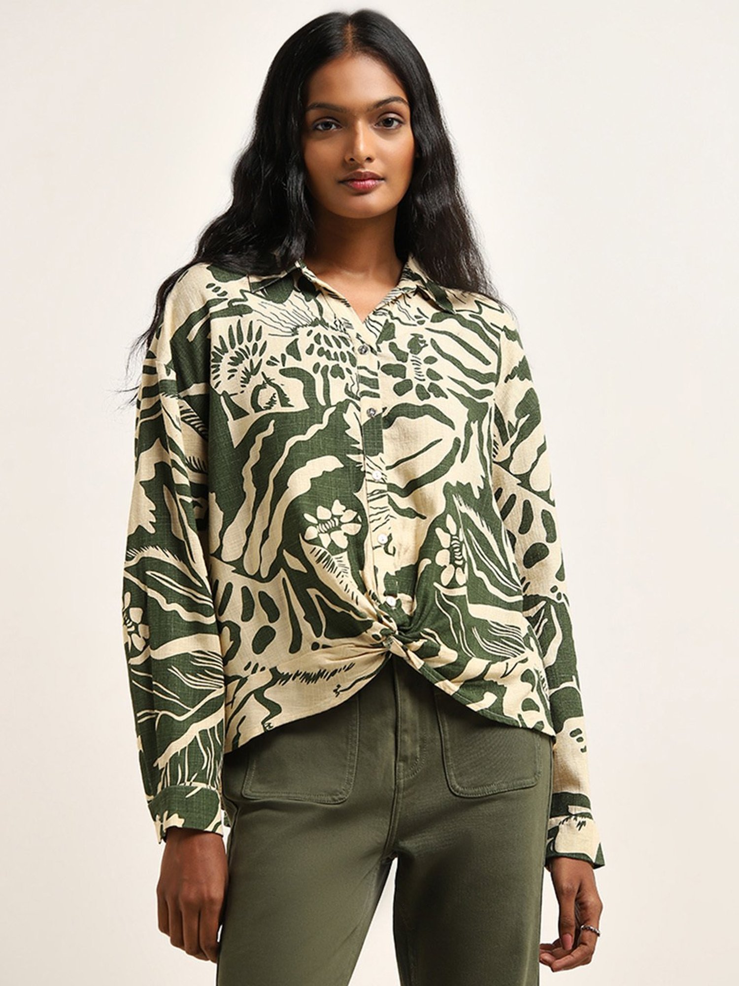 LOV by Westside Beige & Olive Abstract Printed Blended Linen Blouse