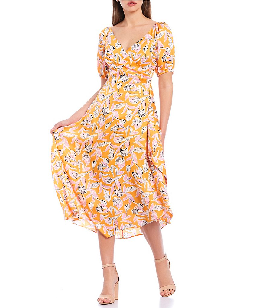 Sachin & Babi Ava Puff Sleeve Wrap Skirt Floral Print Satin Midi Swing Dress