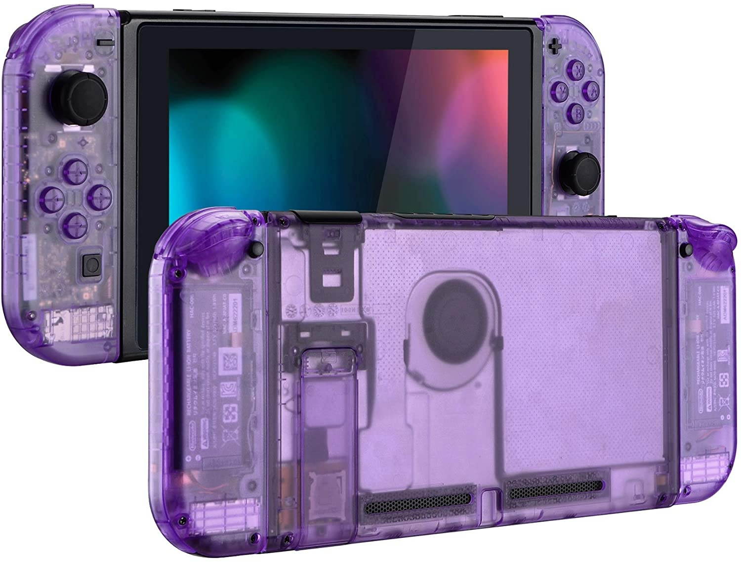 eXtremeRate Clear Atomic Purple Back Plate for Nintendo Switch Console, NS Joycon Handheld Controller Housing with Full Set Buttons, DIY Replacement Shell for Nintendo Switch