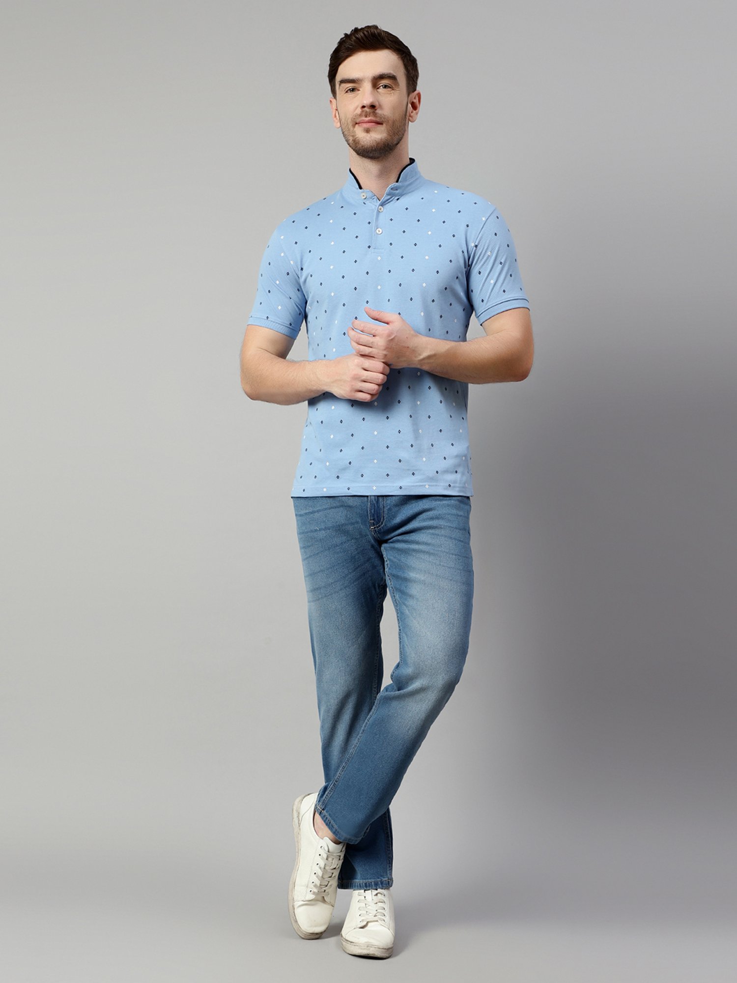 Cantabil Sky Blue Regular Fit Printed T-Shirt