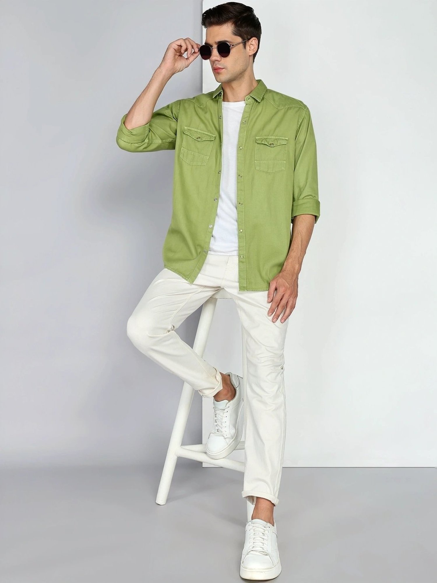 Kuons Avenue Apple Green Slim Fit Denim Shirt