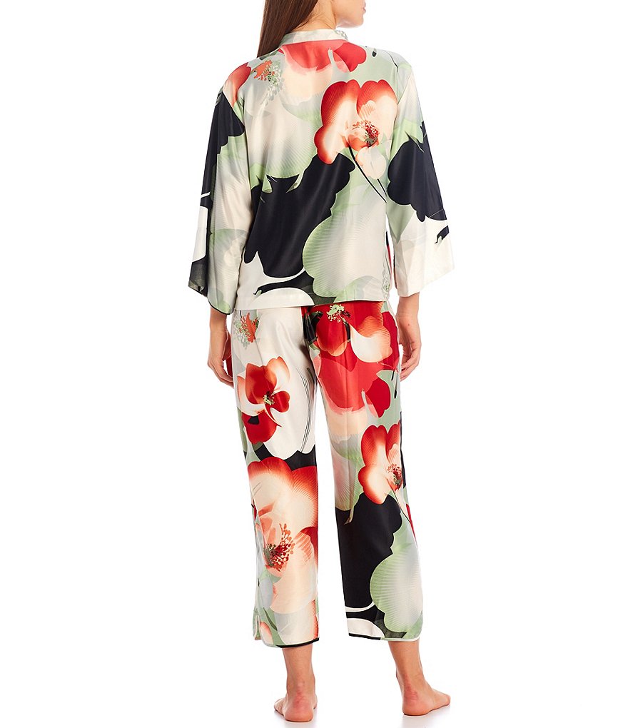 Natori Exotic Poppy Floral Print Long Sleeve Satin Coordinating Pajama Set