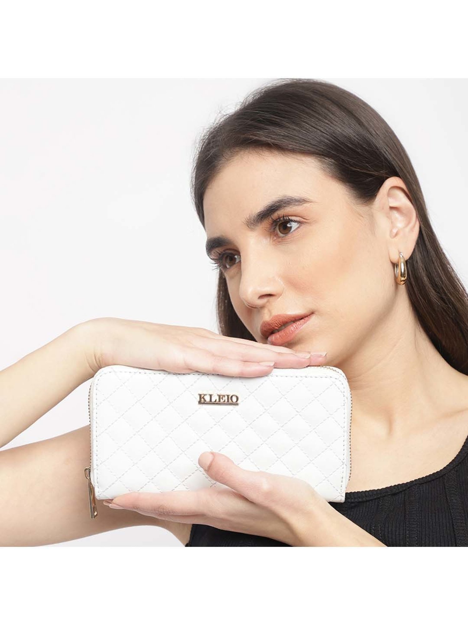 KLEIO White Quilted Zip Around Wallet for Women