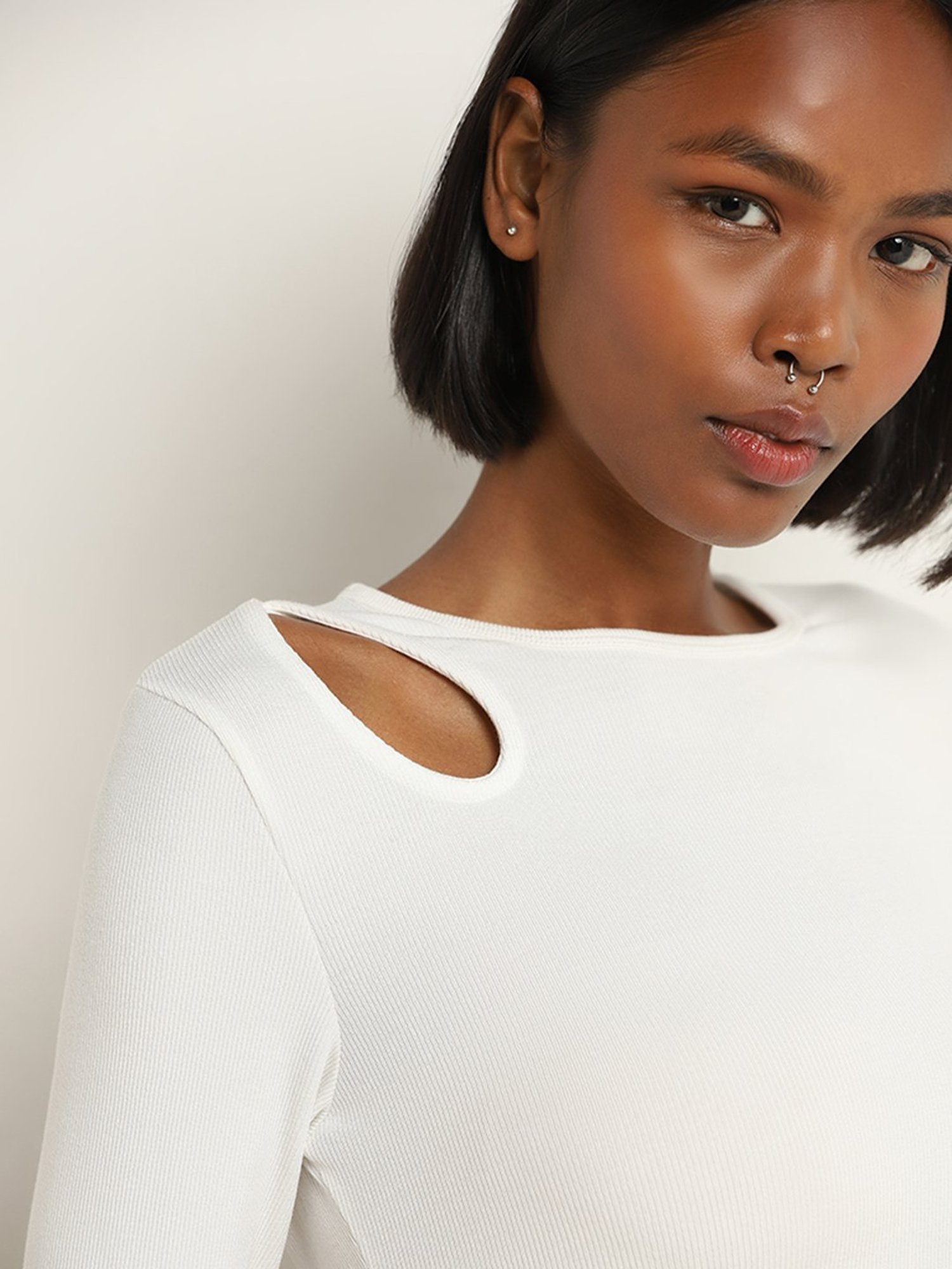 Studiofit by Westside Off-White Cut-Out Design Ribbed T-Shirt