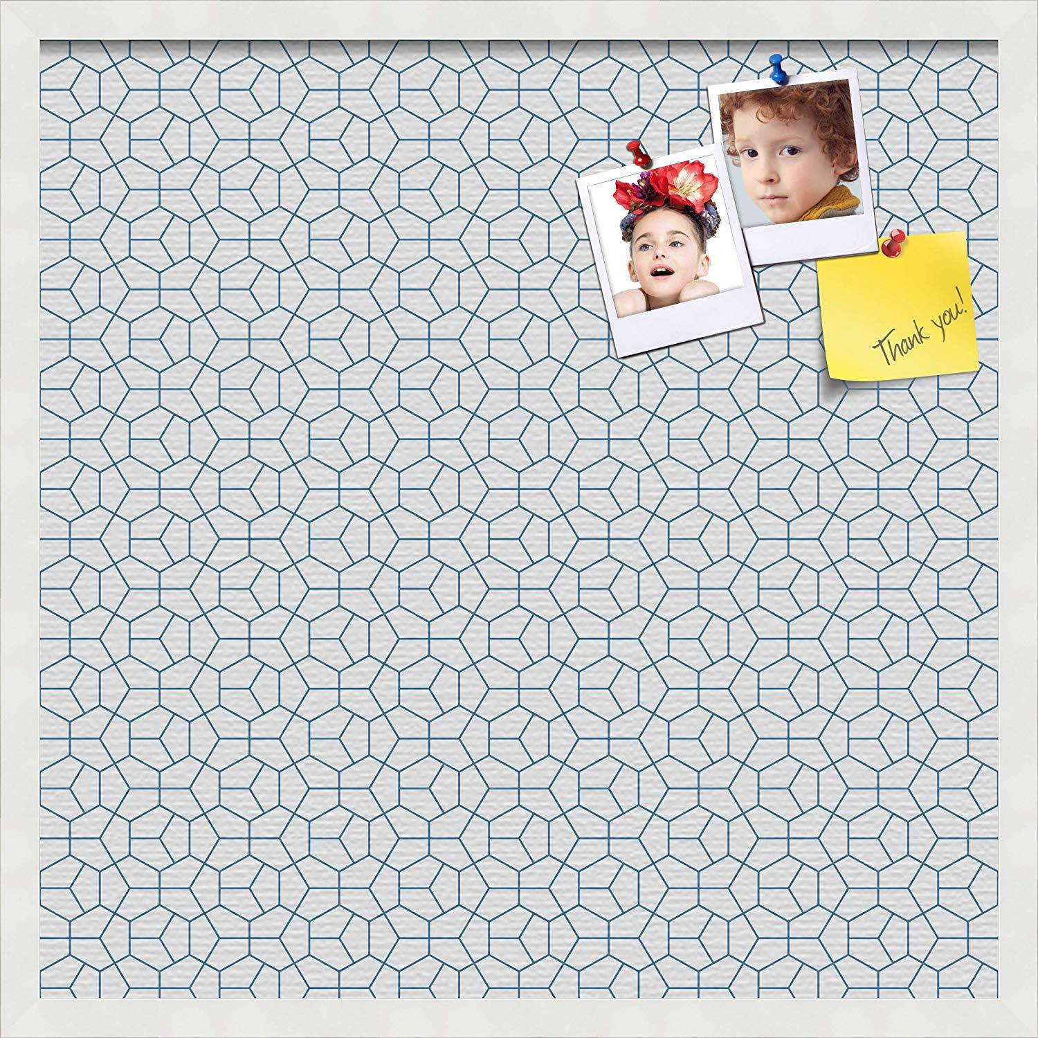 PinPix custom printed pin cork bulletin board made from canvas, Modeco Hex Navy 24x24 Inches (Completed Size) and framed in Satin White Frame (PinPix-Group-65)