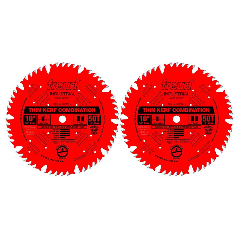 Freud LU83R010 10 Inch 50T Thin Kerf Ultimate Combination Splinter Free Anti Vibration Cutting Saw Blade for Crosscutting and Ripping (2 Pack)