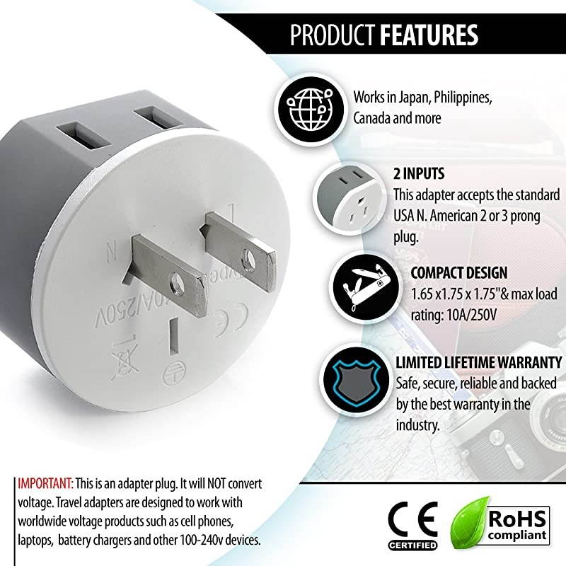 Philippines Power Plug Adapter by OREI with 2 USA Inputs Travel 3 Pack Type A US6 Safe Use with Cell Phones Laptop Camera Chargers CPAP and More