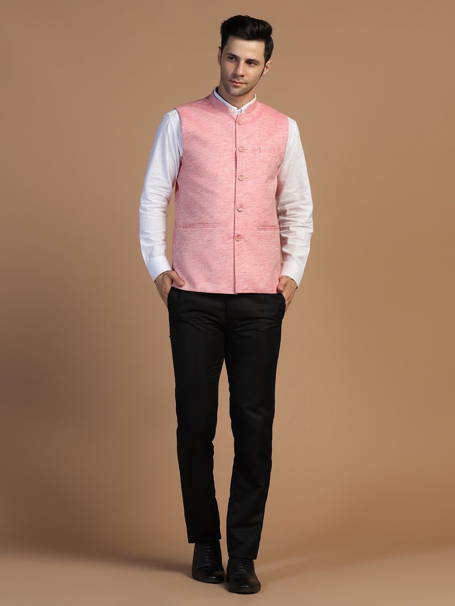 TAHVO Pink Melange Regular Fit Nehru Jacket
