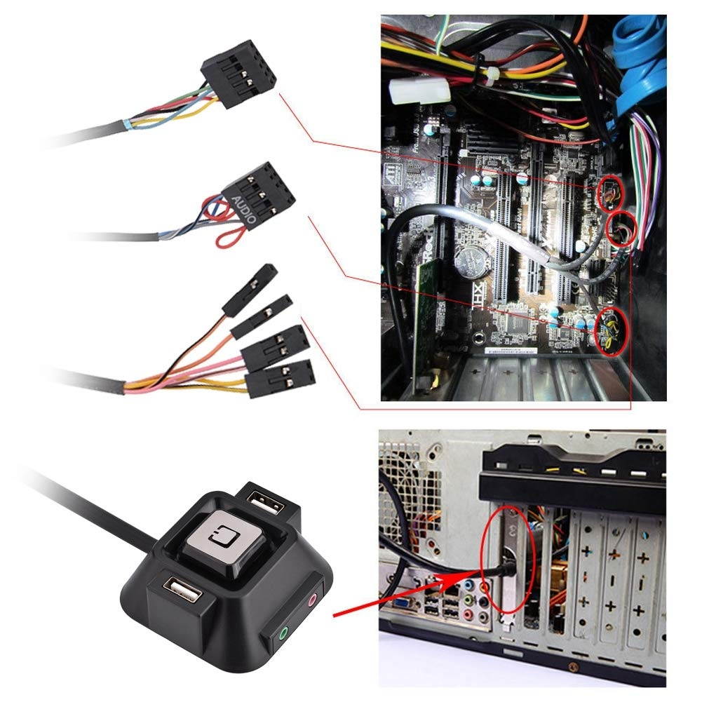 Desktop PC case Switch Dual USB Ports Power Reset Button Audio Microphone Port, Computer Case Electricity Supply Reset HDD Button Switch with Cables