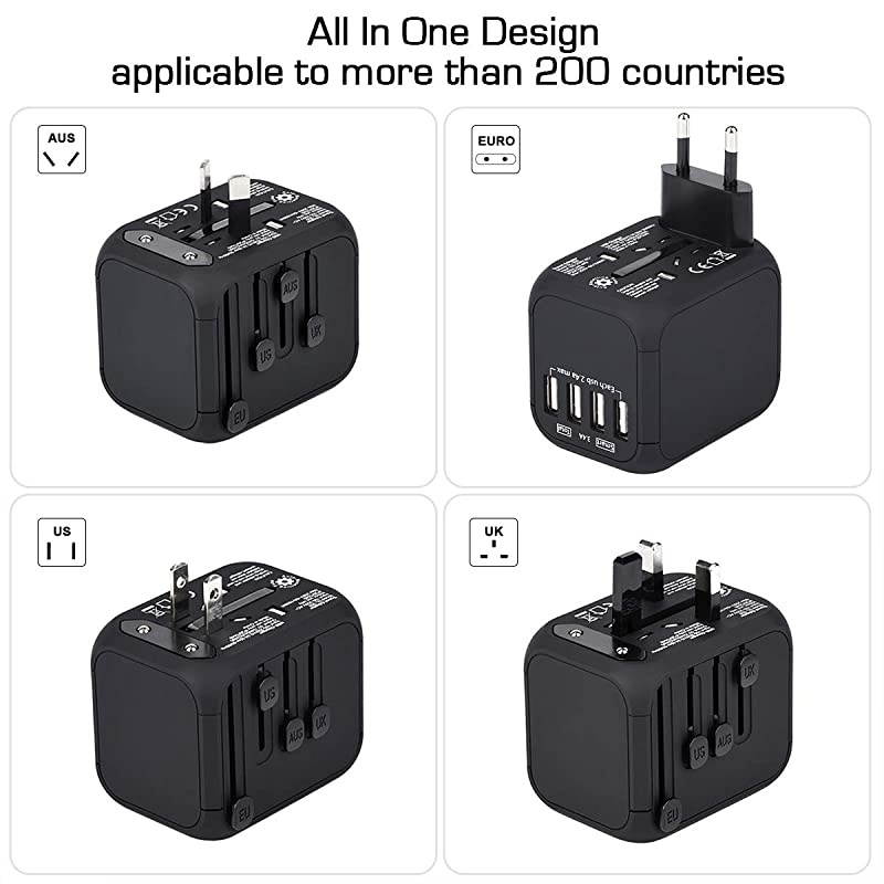 Upgraded Universal Travel Adapter,  All-in-one Worldwide Travel Charger Travel Socket, International Power Adapter with 4 USB Ports, AC Plug for Over 150 Countries, Travel Accessories, Black
