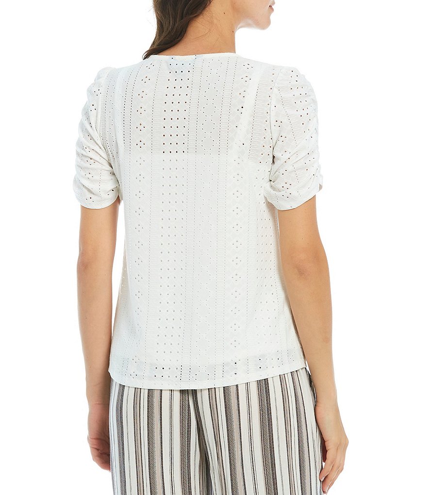 I.N. Studio Solid Eyelet Knit V-Neck Ruched Elbow Sleeve Button Down Tie-Front Top