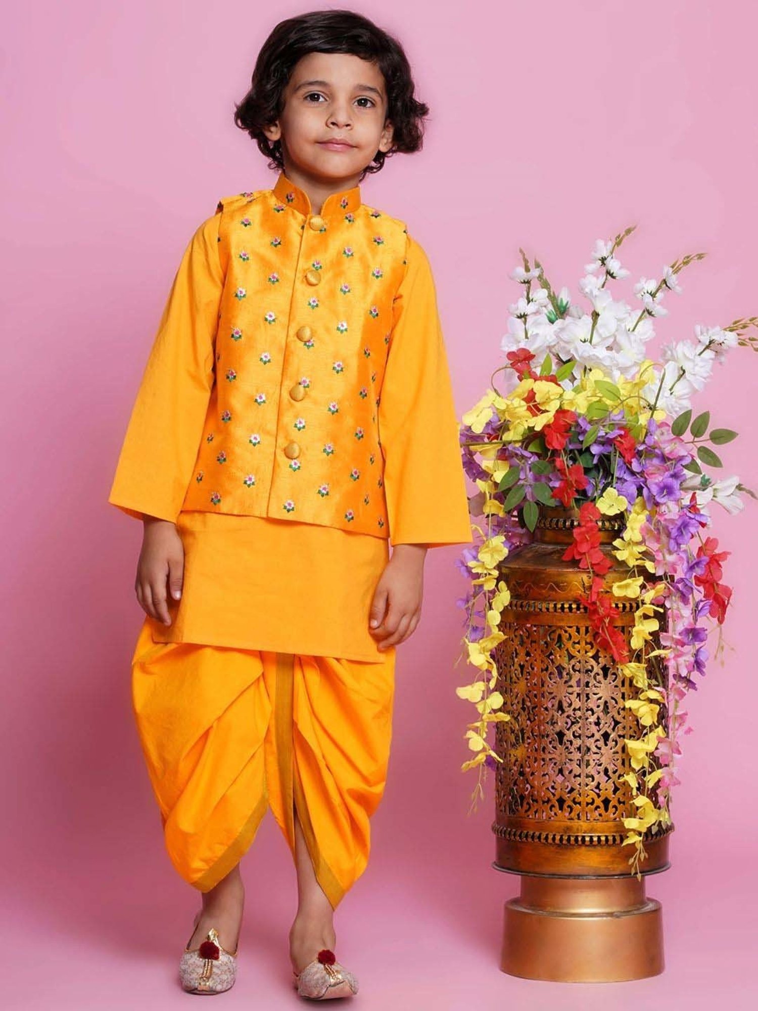 Little Bansi Boys Yellow Cotton Self Full Sleeves Kurta Set