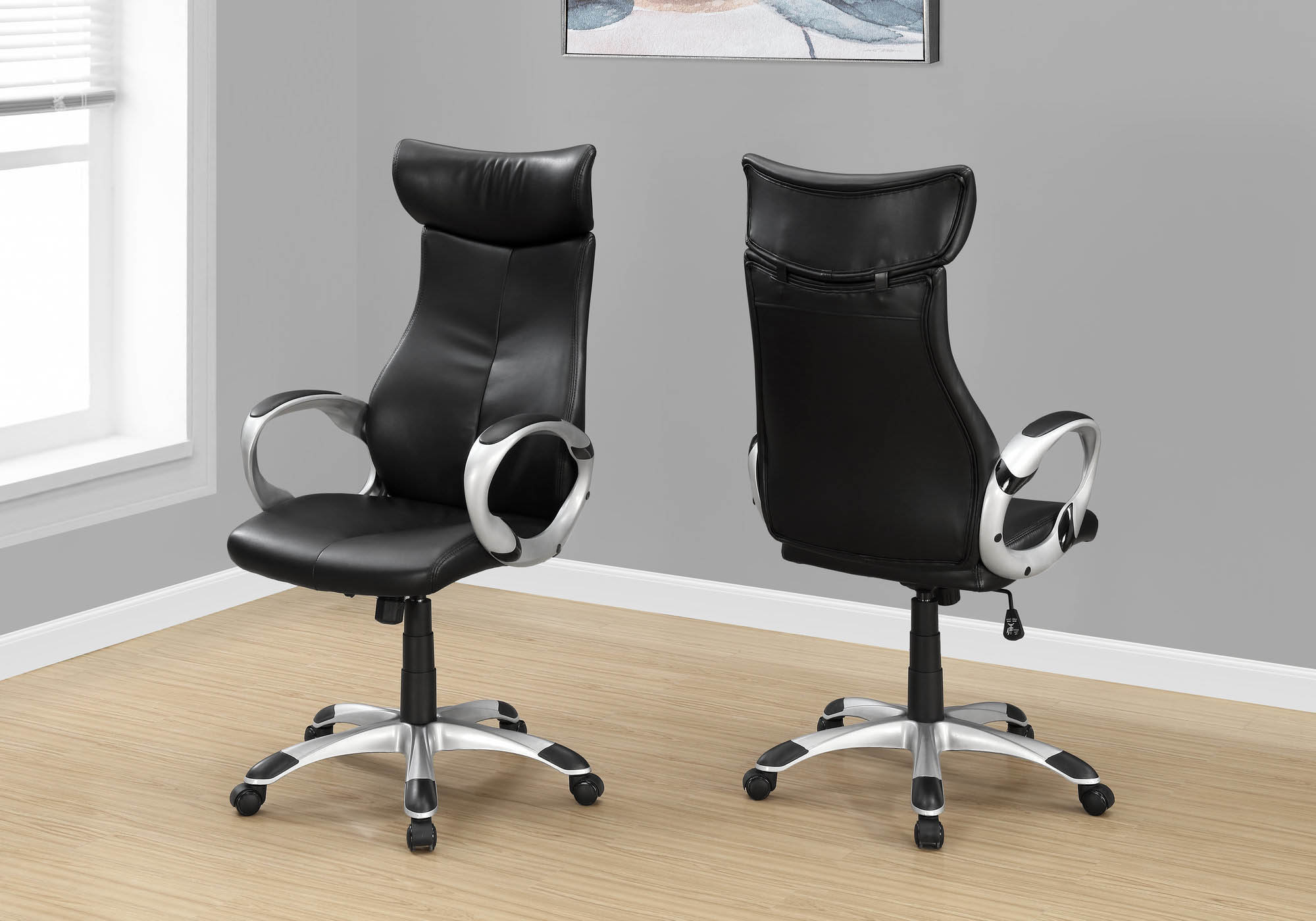Monarch Specialties 25.5"L Modern High Back Leather-Look Executive Office Chair - Black,Silver