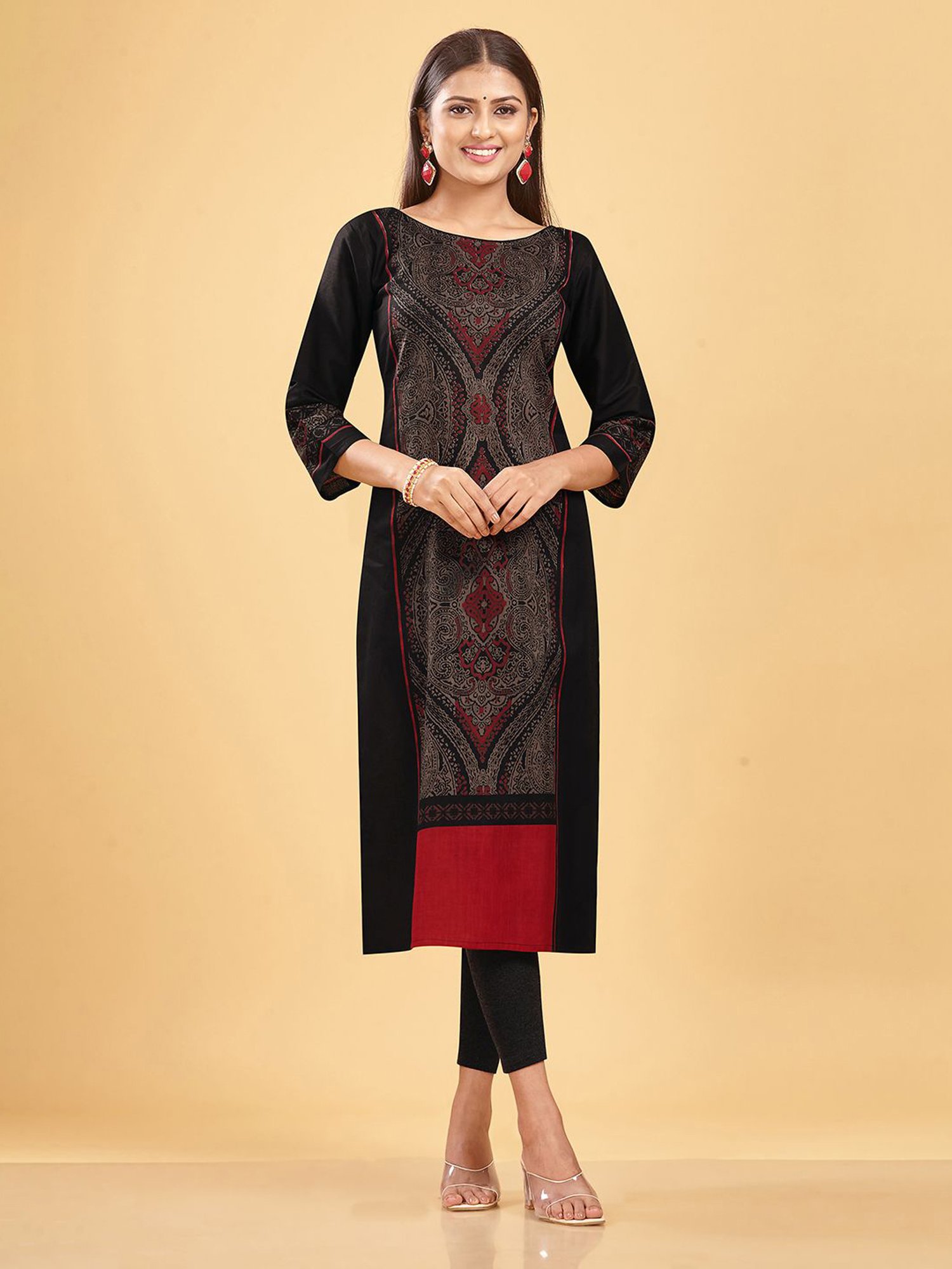 SHANVIKA Black Printed Cotton Straight Kurta