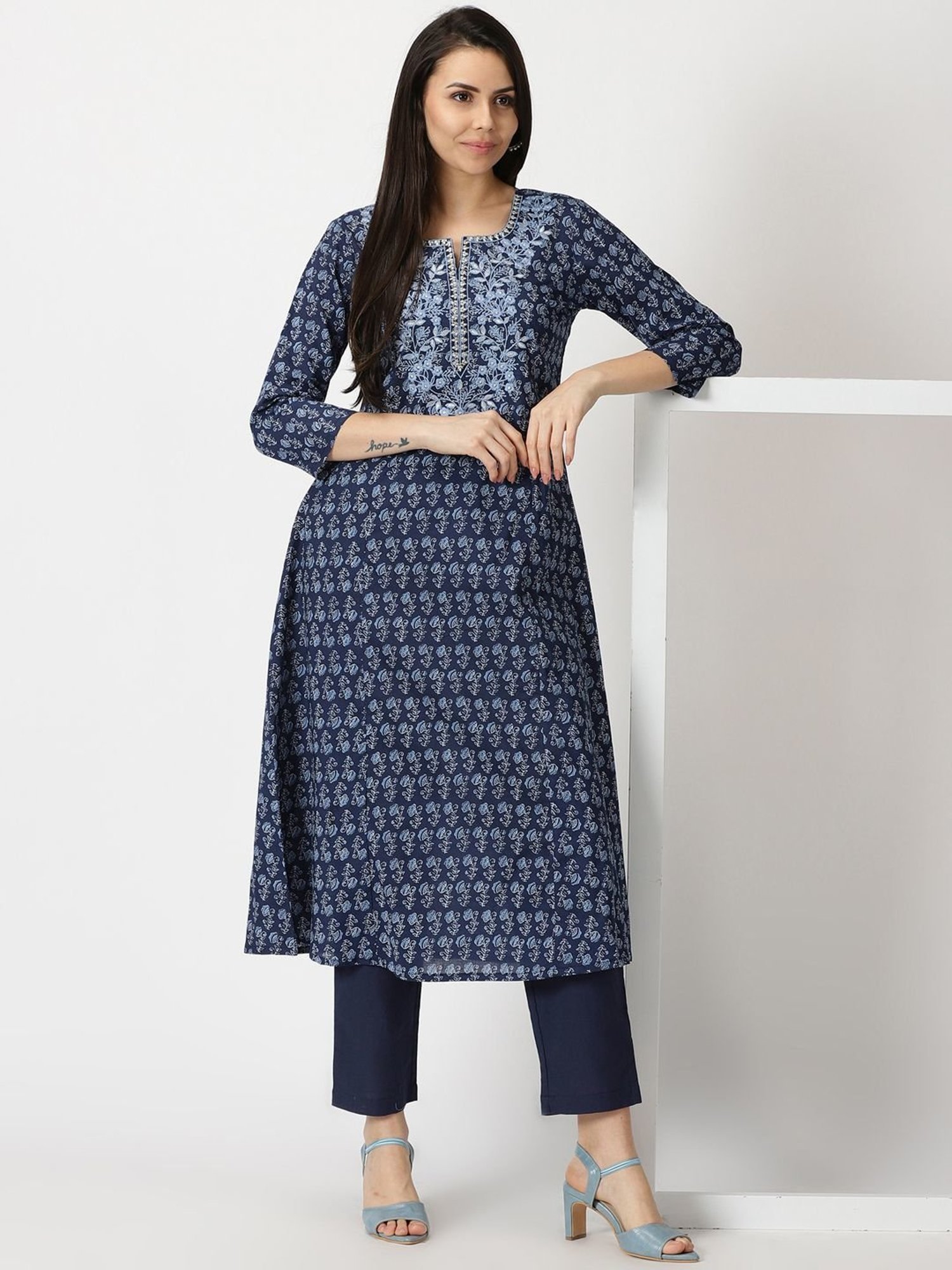 Saffron Threads Blue Cotton Embroidered A Line Kurta