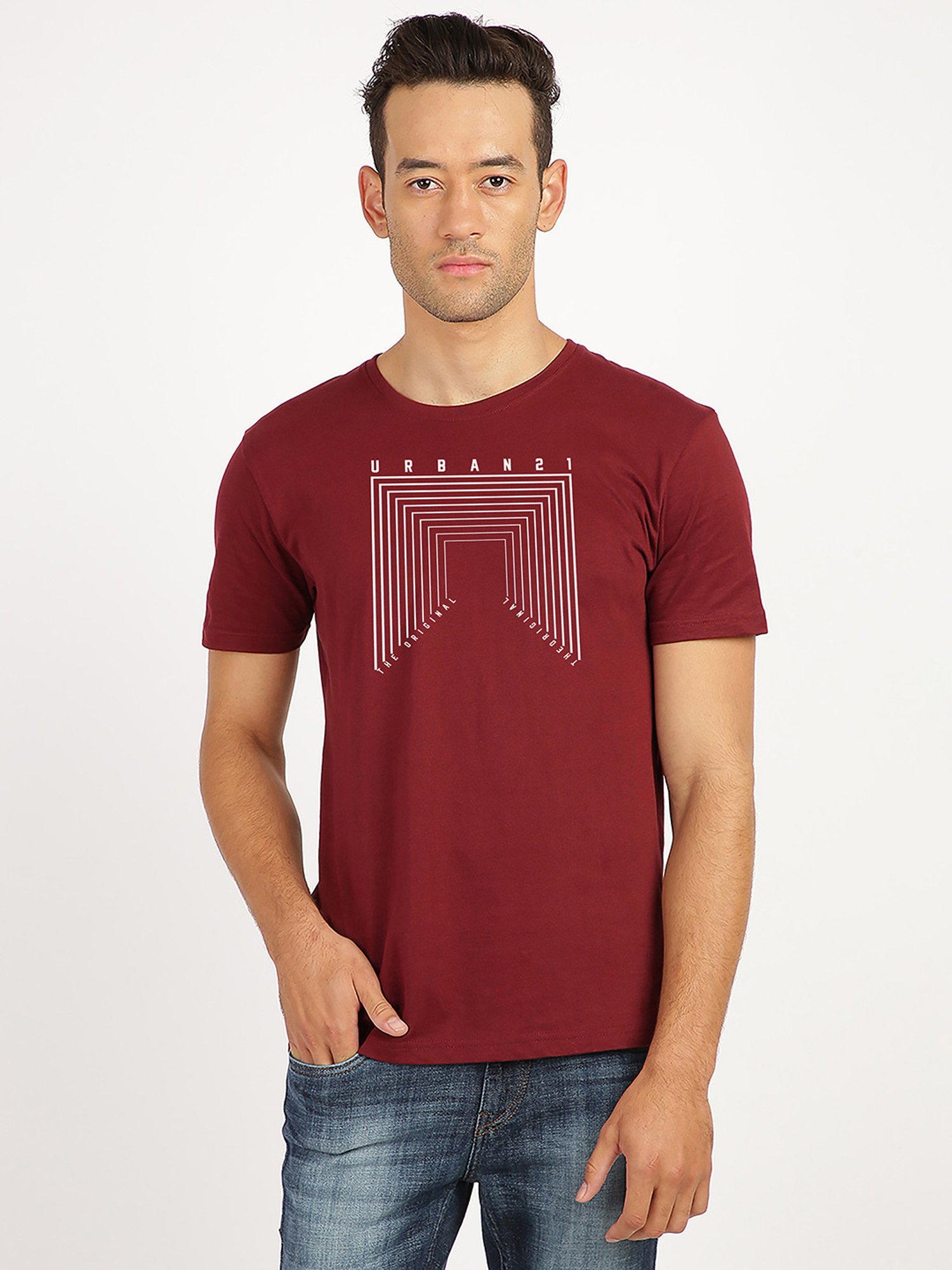 BLACK RADIO Maroon Slim Fit Printed Cotton Crew T-Shirt