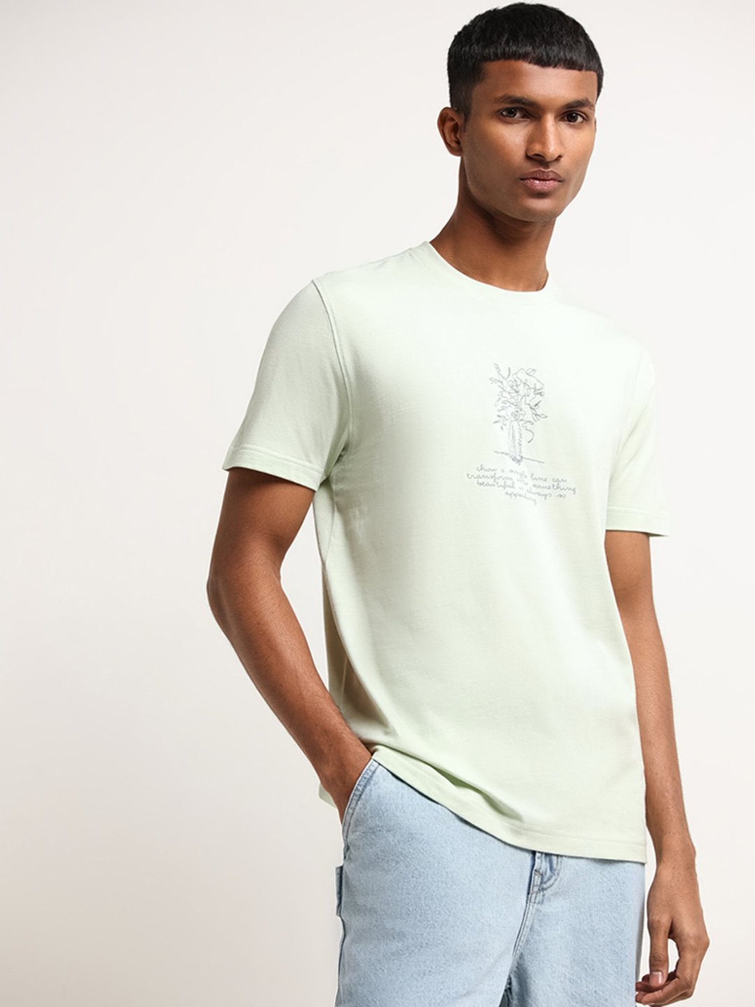 Nuon by Westside Green Slim Fit Embroidered T-Shirt
