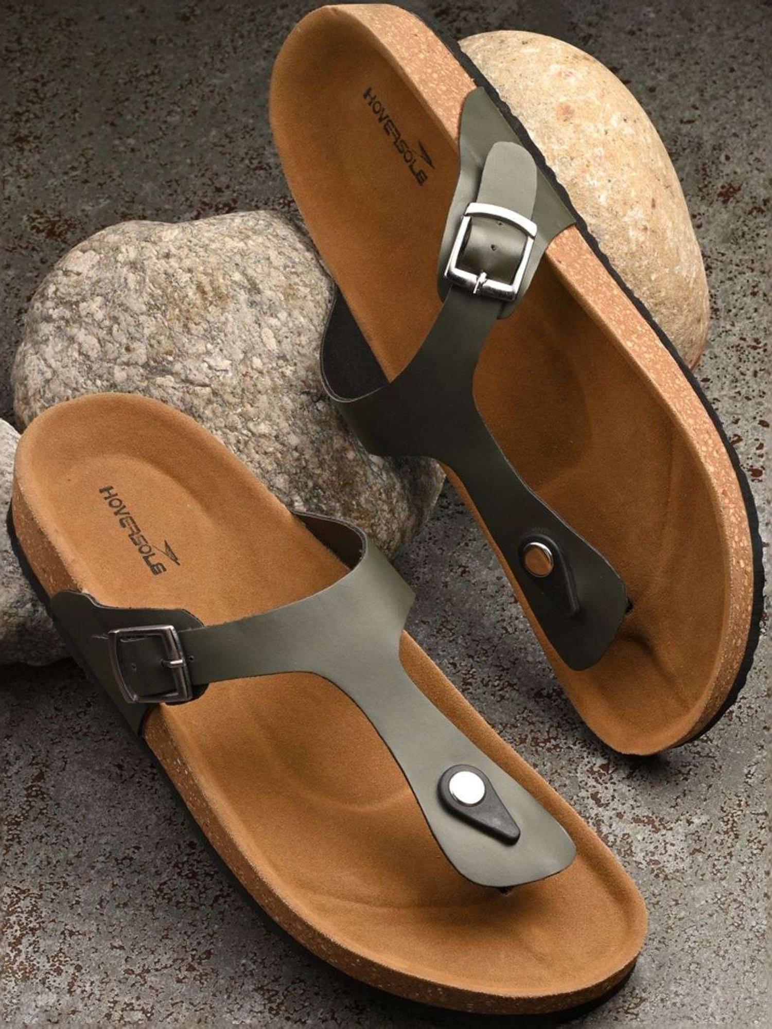 Hoversole Men's Olive Cork T-Strap Sandals