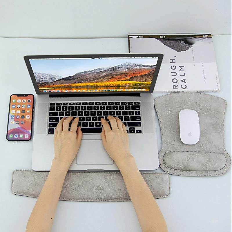 Ergonomic PU Leather Keyboard Wrist Rest Pad and Mouse Wrist Rest Support Mouse Pad Set,Durable & Comfortable & Lightweight for Easy Typing & Pain Relief (Gray White)