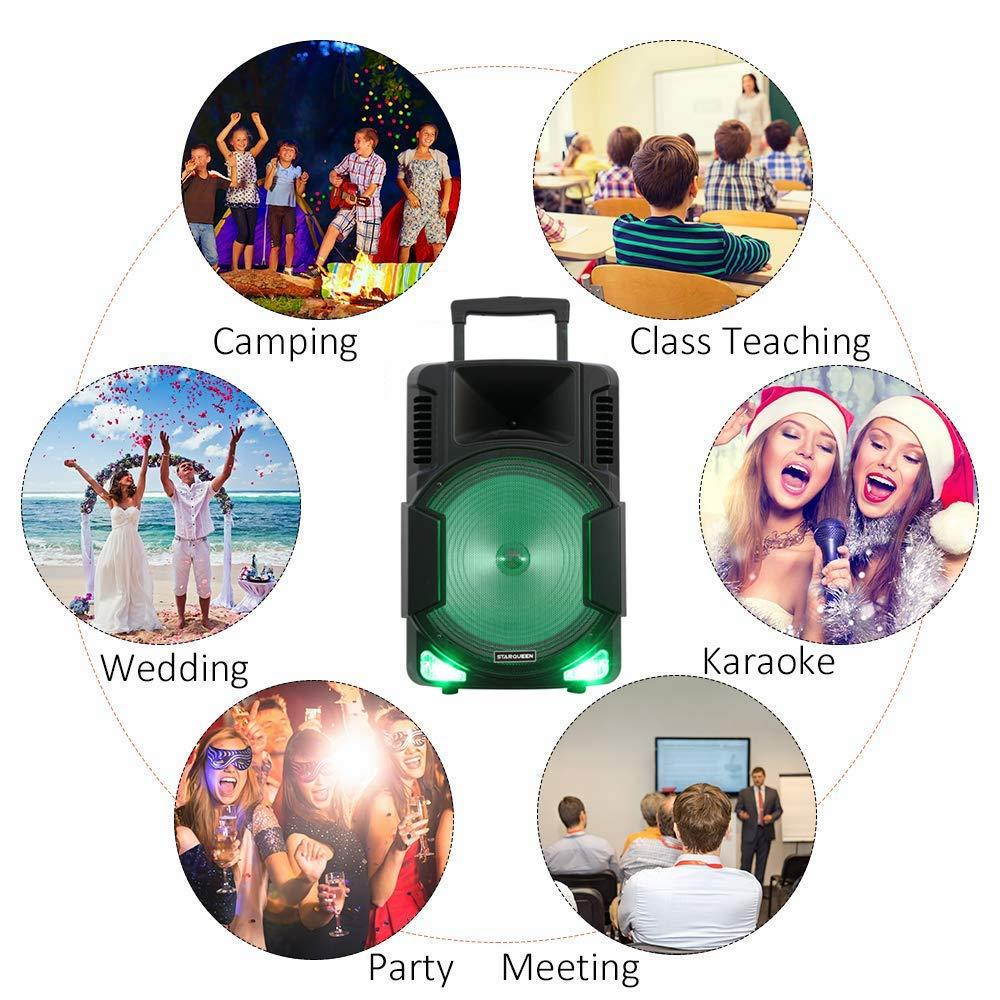 Starqueen 15Inch Trolley Bluetooth PA Speaker with 2 Wireless UHF Microphones, Battery Powered Rechargeable Karaoke DJ Speaker with Led Lights, Active Loud Digital Sound Box, FM/MP3/USB/TF Card/AUX