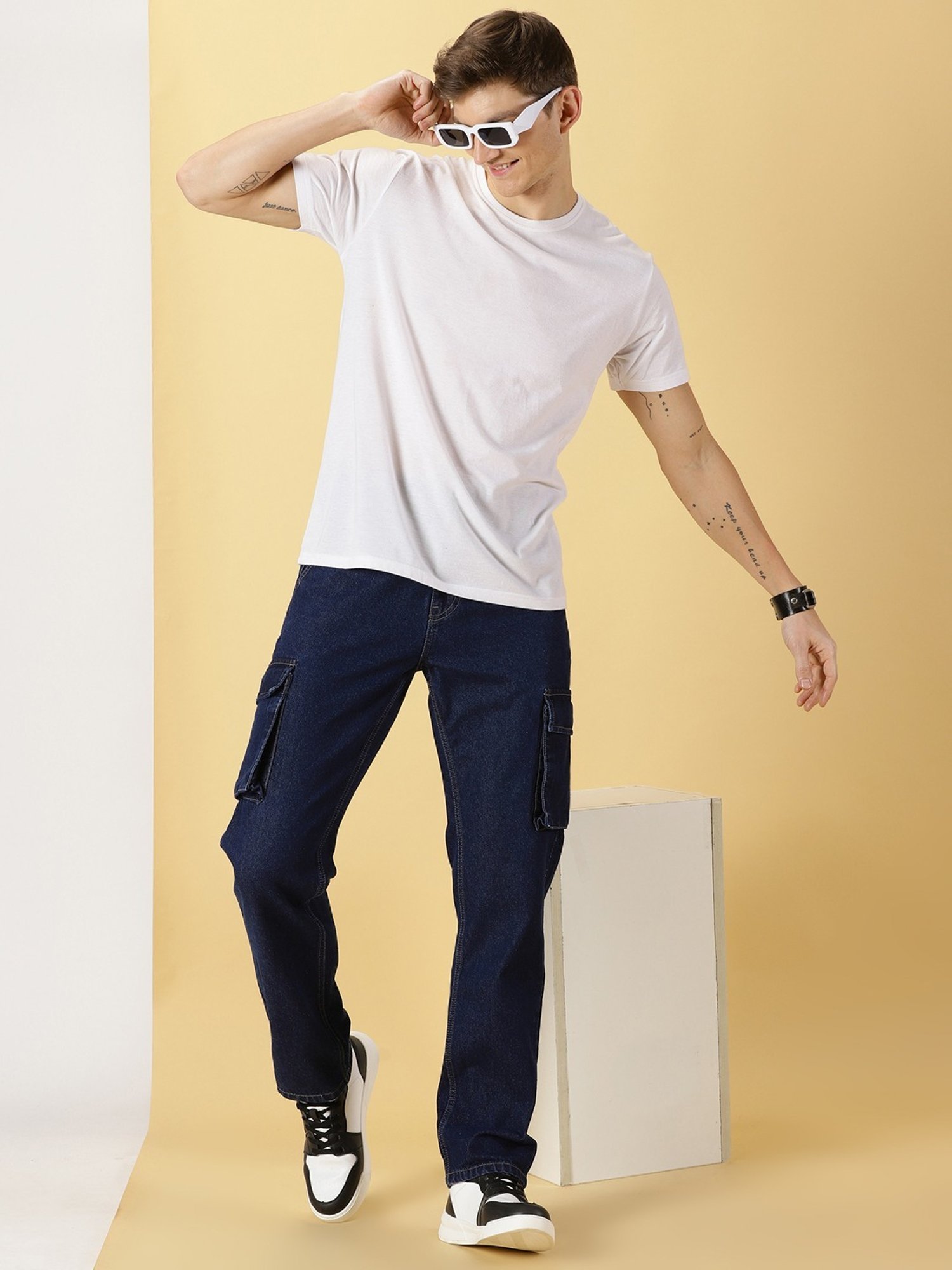 Thomas Scott Mid Blue Cotton Relaxed Fit Cargo Jeans