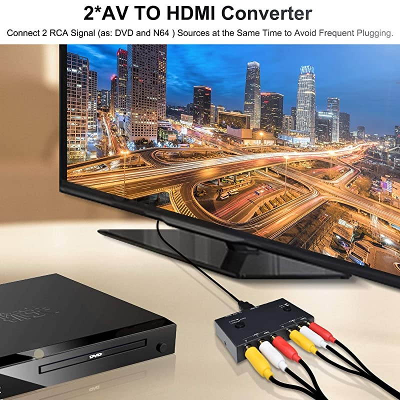 to HDMI Converter Support Quick Switch Support 16943 Compatible with WII N64 PS123 VHS VCR DVD Players etc 2 AV in 1 HDMI Out