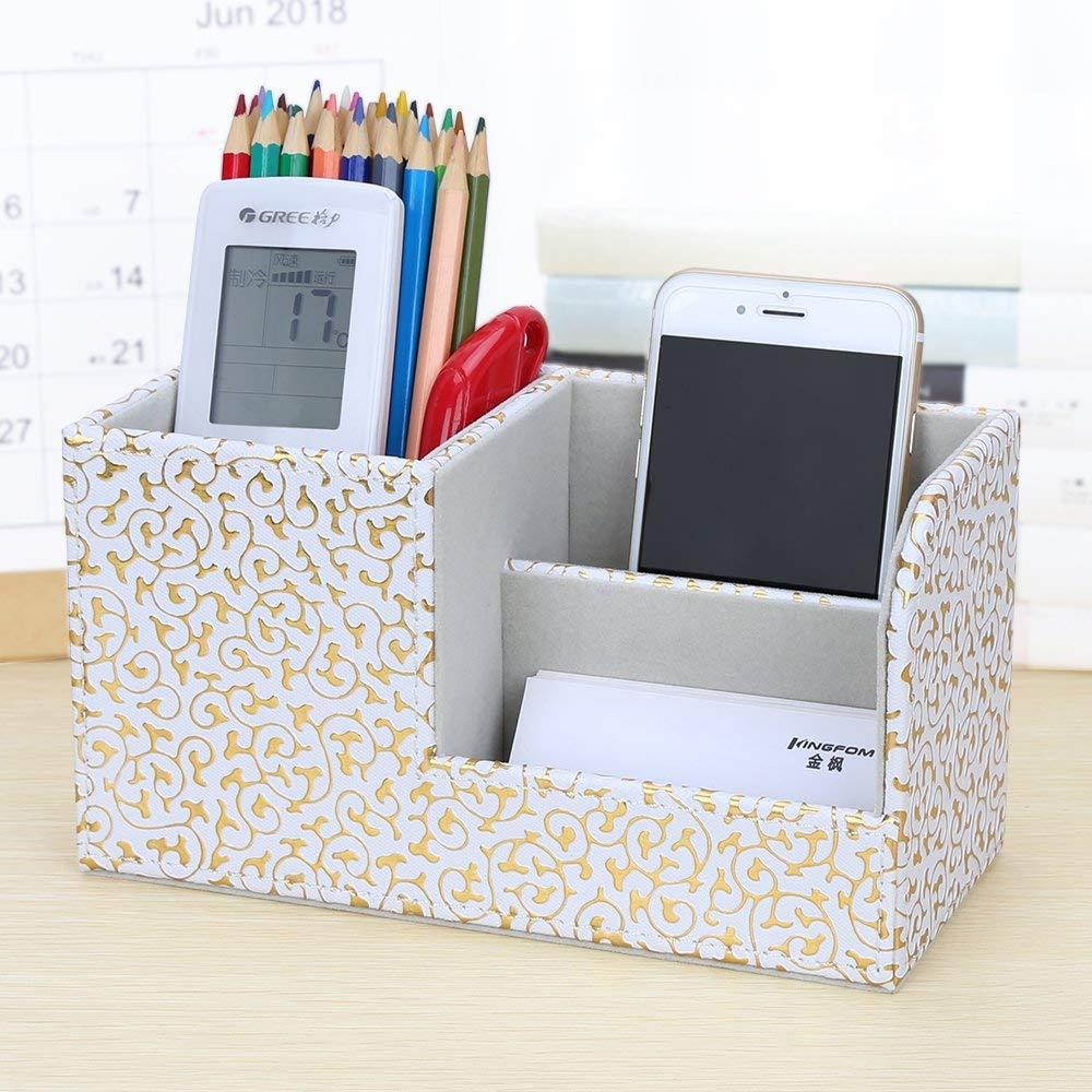 KINGFOM Leatherette Desk Organizer Pen/Pencil/ Remote Control/Cell Phones/Brushes Holder Office Container Storage Box (S-Gold&White)