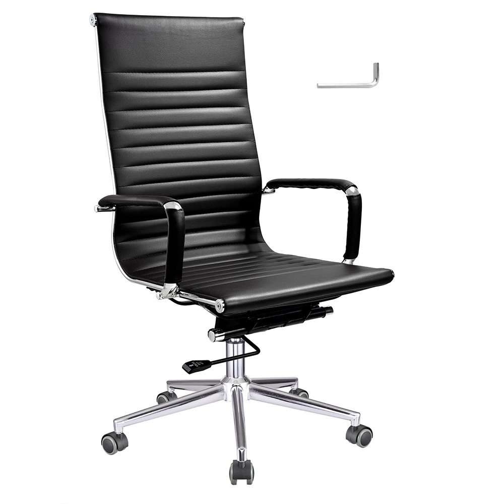 High Back PU Leather Ribbed Office Chair Contemporary Executive Computer Desk Black