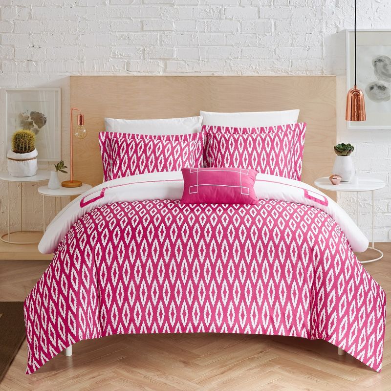 Chic Home Kendall 4 Piece Reversible Duvet Cover Set Greek Key Embroidered Modern Watercolor Print Zipper Closure Bedding - Decorative Pillow Shams Included, Fuchsia King