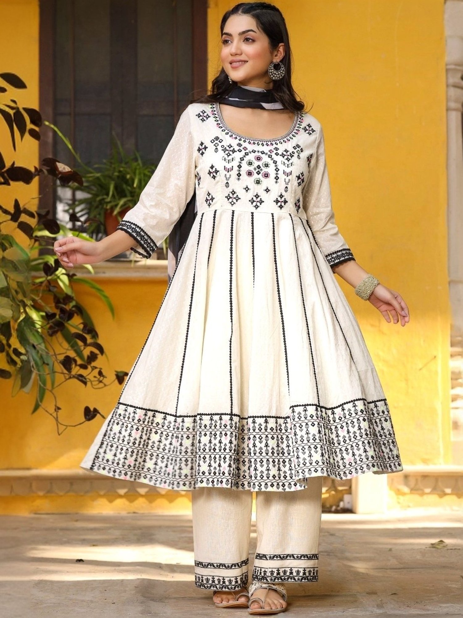 Juniper Off-White Cotton Embroidered Kurta Palazzo Set With Dupatta