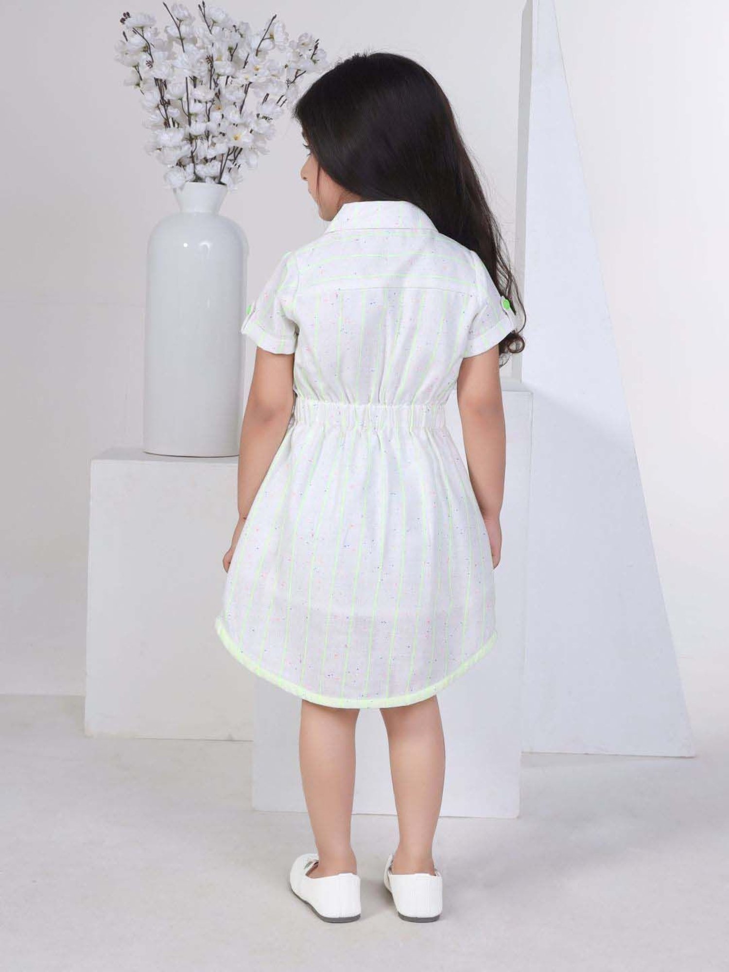 Peppermint Girls Green Cotton Striped Dress