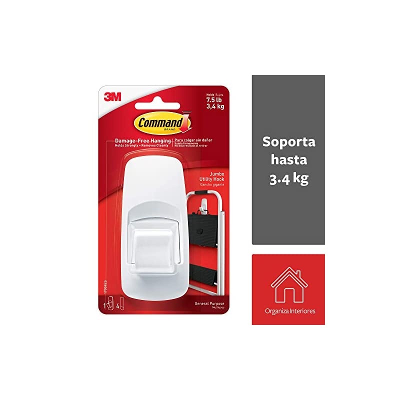 Jumbo Utility Hook, White, 1-Hook, 4-Strips, Organize Damage-Free