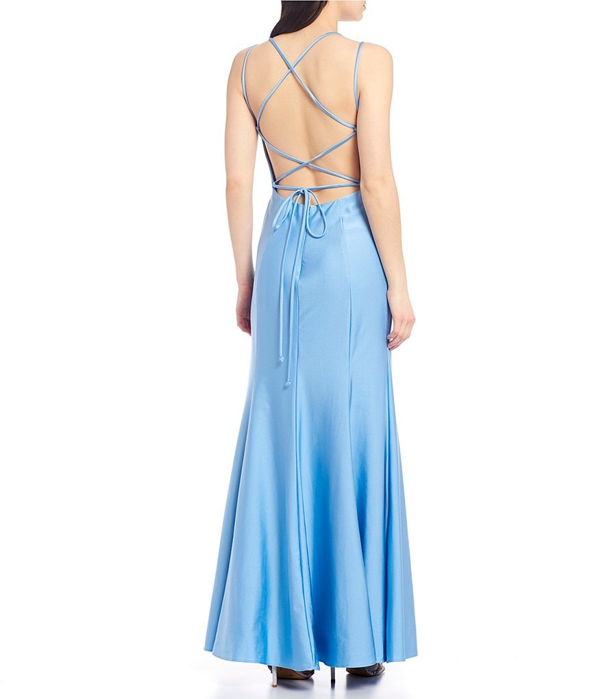 Sequin Hearts Y-Neck Pleated Satin Long Dress