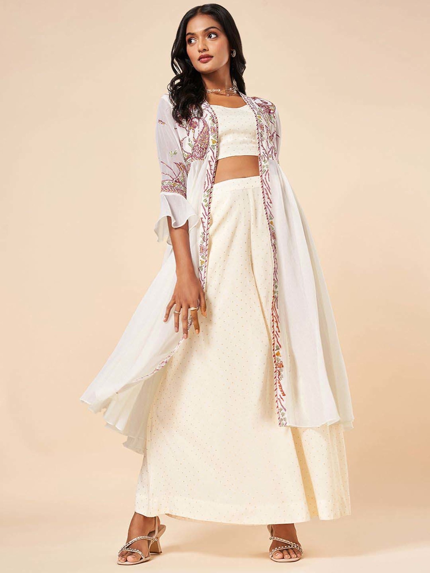 Marigold Lane White Embroidered Crop Top Palazzo Set With Cape