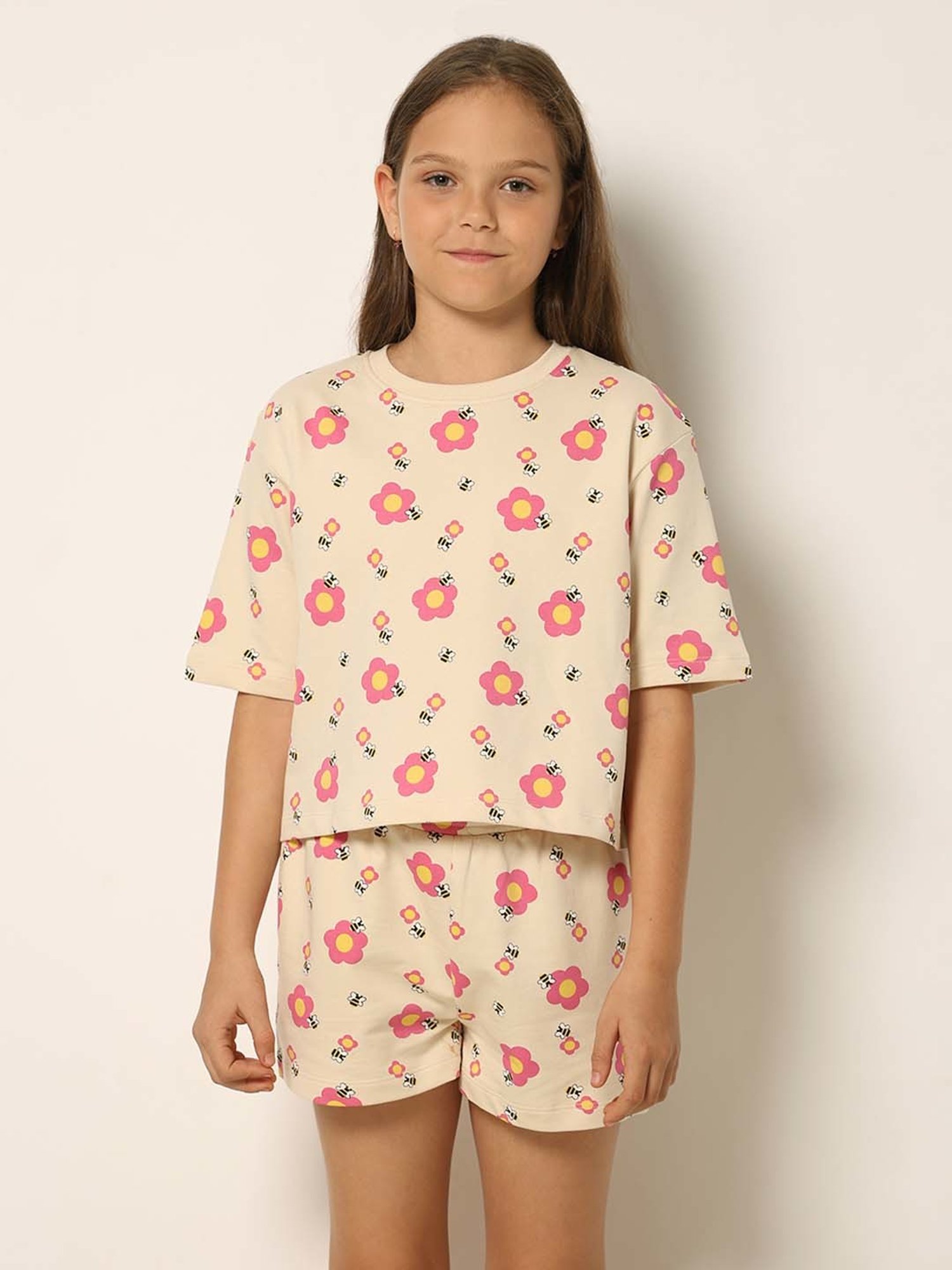 VERO MODA GIRL Cream & Pink Cotton Floral Print T-Shirt