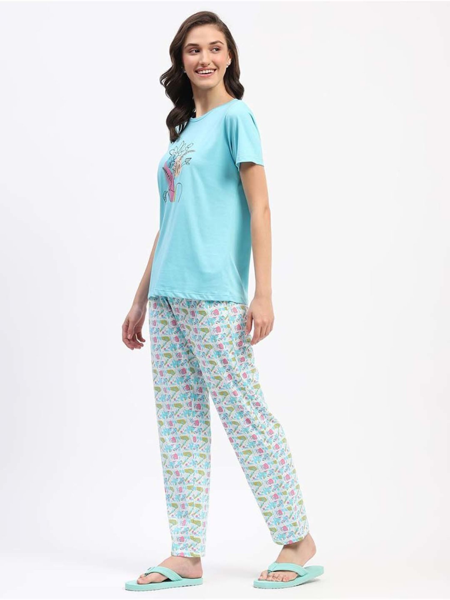 MADAME M Secret Blue Cotton Printed T-Shirt Pyjamas Set
