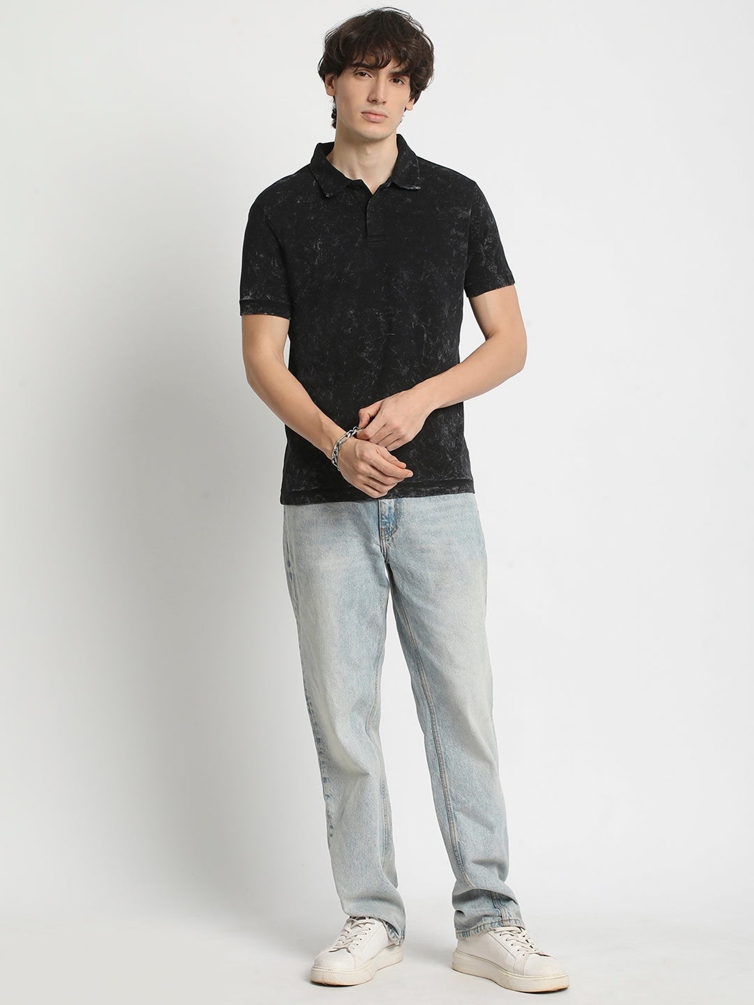 The Bear House Black Cotton Regular Fit Printed Polo T-Shirt